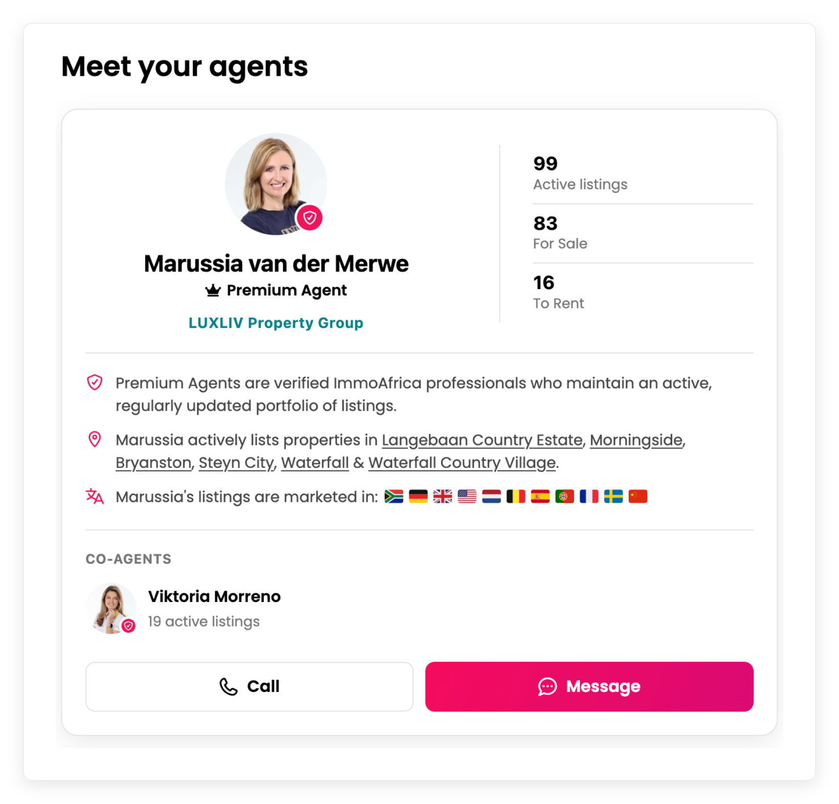 Agent Cards: ImmoAfrica Agent Card showing an agent's track record, active areas, international reach and one-tap contact options