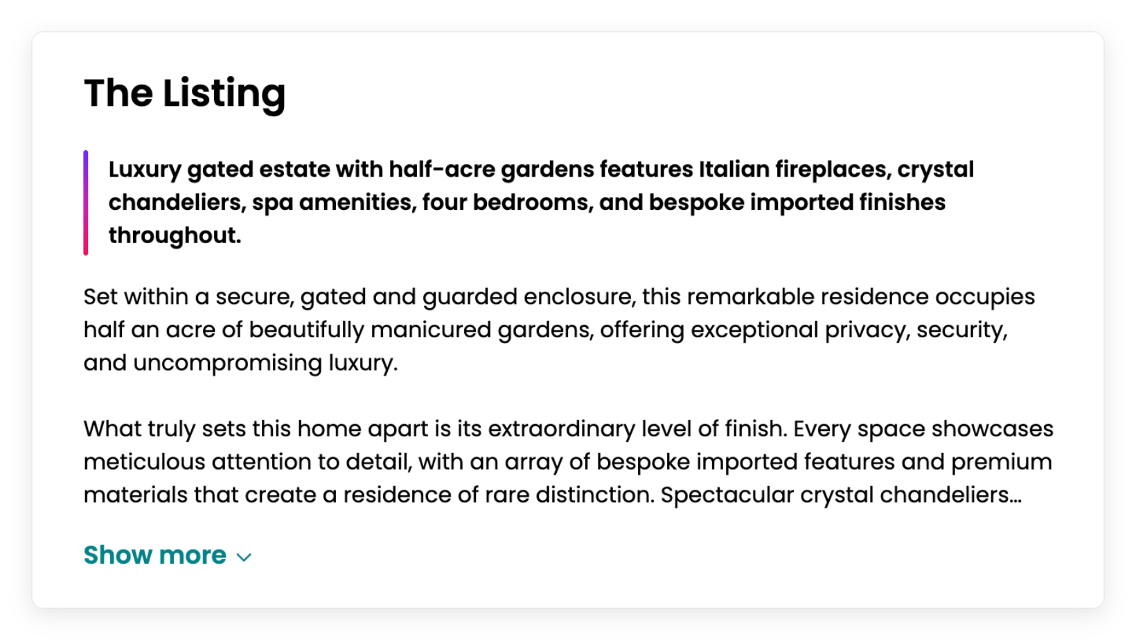 The Listing: The Listing on an ImmoAfrica property page: a one-line, AI-generated property summary shown in the buyer's own language